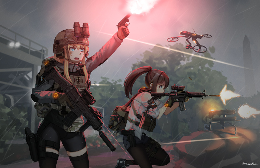 2girls arm_up assault_rifle bangs binoculars black_footwear black_gloves black_legwear black_shorts blonde_hair blue_eyes brown_hair commentary commission drone ear_protection english_commentary eyebrows_visible_through_hair finger_on_trigger firing gloves grey_jacket gun hair_between_eyes handgun headset helmet high_ponytail highres holding holding_gun holding_weapon jacket legwear_under_shorts long_hair looking_away m4_carbine multiple_girls ndtwofives open_mouth original pantyhose pistol ponytail profile railing rain rifle shirt shoes short_shorts short_sleeves shorts standing standing_on_one_leg thighhighs tom_clancy's_the_division tom_clancy's_the_division_2 trigger_discipline twitter_username upper_teeth vivian_zhao weapon weapon_request wet wet_clothes wet_shirt white_shirt