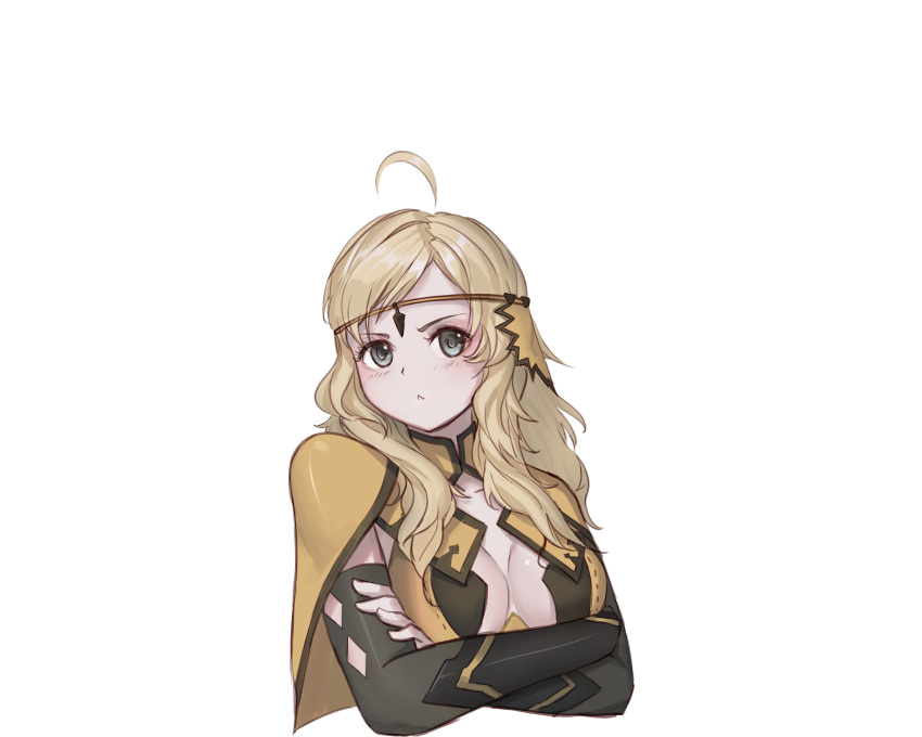 1girl absurdres ahoge angry bangs blonde_hair breasts bridal_gauntlets can't_be_this_cute ciiby circlet closed_mouth crossed_arms fire_emblem fire_emblem_fates grey_eyes highres long_hair looking_at_viewer medium_breasts ophelia_(fire_emblem) turtleneck upper_body
