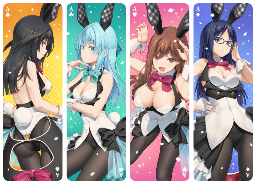 4girls :d ace_of_clubs ace_of_diamonds ace_of_hearts ace_of_spades adjusting_eyewear agatsuma_kaede alice_gear_aegis animal_ears ass black_eyes black_hair black_legwear blue_bow blue_eyes blue_hair bow brown_eyes brown_hair bunny_ears bunny_pose bunny_tail closed_mouth column_lineup commentary detached_collar fake_animal_ears fake_tail glasses half_updo leotard momoshina_fumika multiple_girls ochanomizu_mirie open_mouth pinakes pink_bow playboy_bunny smile tail usamoto_anna wrist_cuffs
