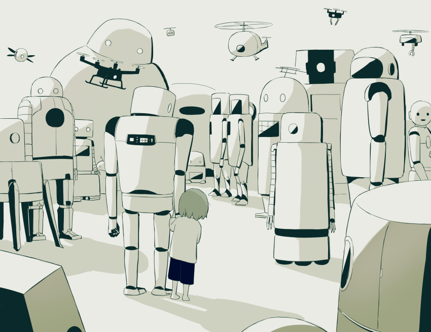 1boy absurdres android avogado6 barefoot child commentary_request drone from_behind greyscale hiding highres holding_hand monochrome original peeking_out robot shorts standing