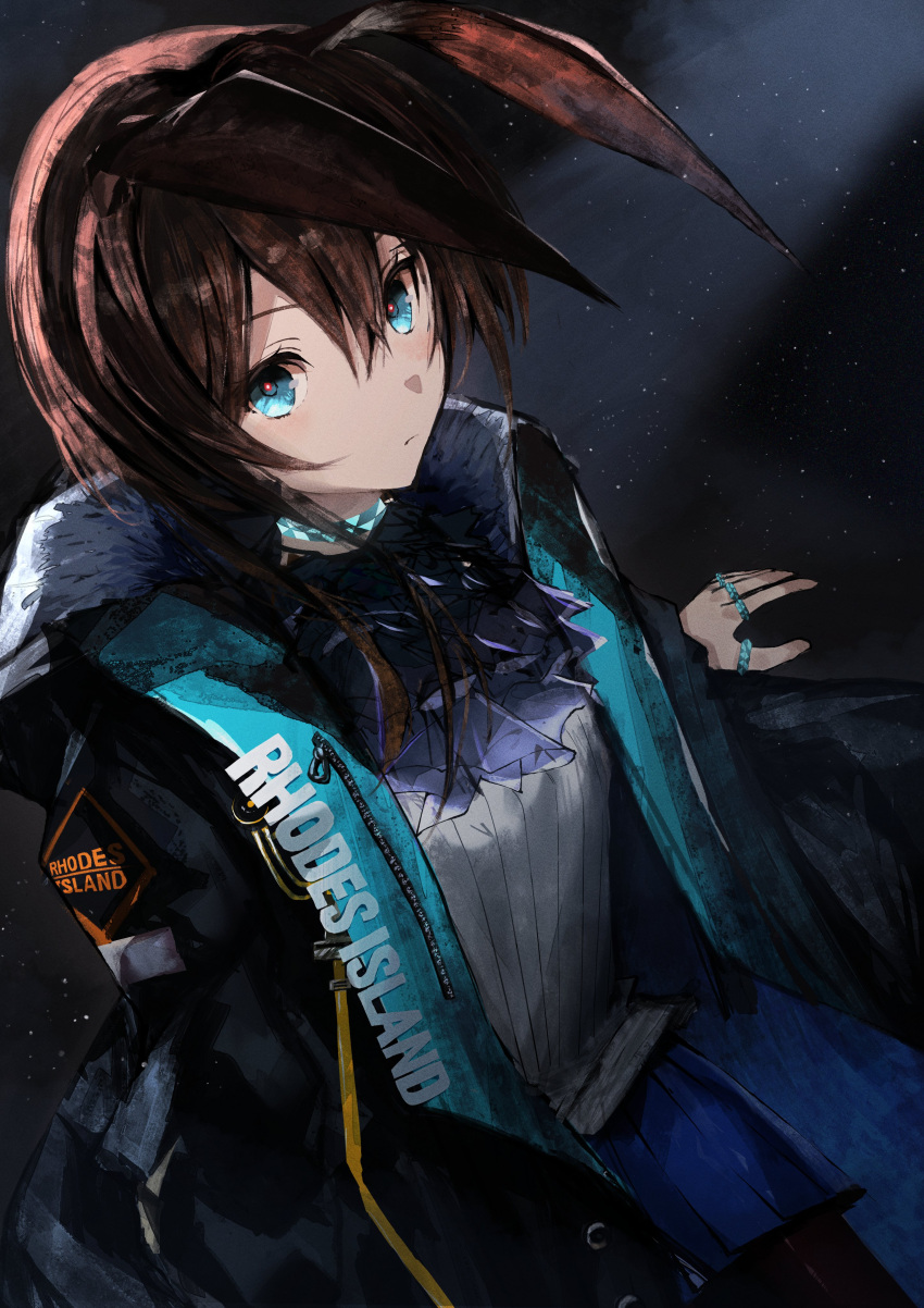 1girl absurdres amiya_(arknights) animal_ears arknights bangs black_background black_jacket blue_eyes blue_skirt blush breasts brown_hair bunny_ears center_frills closed_mouth clothes_writing commentary eyebrows_visible_through_hair frills from_above hair_between_eyes highres hood hood_down hooded_jacket jacket long_hair long_sleeves looking_at_viewer obake_(amimonoobake) open_clothes open_jacket pleated_skirt shirt skirt small_breasts solo