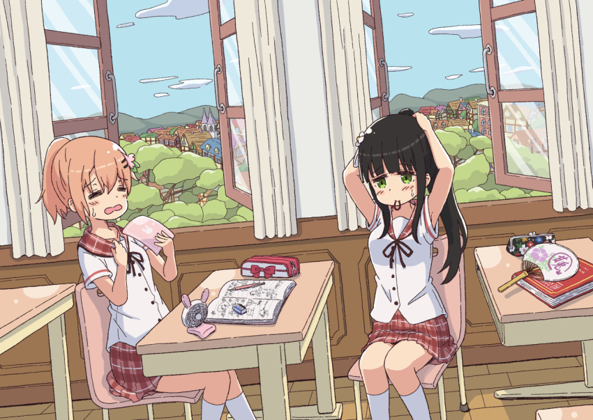 2girls black_hair book closed_eyes cloud commentary_request curtains day desk eraser gochuumon_wa_usagi_desu_ka? green_eyes hoto_cocoa indoors light_brown_hair mohei mouth_hold multiple_girls open_mouth open_window pen school_desk school_uniform sitting skirt sky socks sweatdrop tree ujimatsu_chiya ventilator white_legwear window wooden_floor