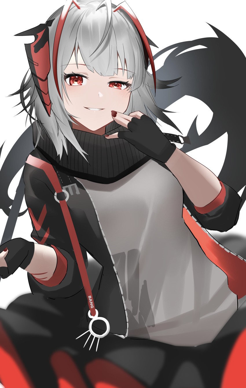 1girl absurdres ahoge arknights black_gloves black_jacket black_scarf black_skirt commentary demon_horns fingerless_gloves gloves grey_hair grey_shirt hand_to_own_mouth highres horns jacket looking_at_viewer open_clothes open_jacket pleated_skirt red_eyes red_nails red_skirt ryuya scar scar_on_arm scarf shirt short_hair skirt solo two-tone_skirt upper_body w_(arknights) white_background