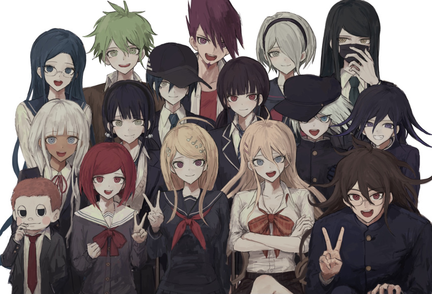 6+boys 6+girls akamatsu_kaede amami_rantarou bangs black_hair black_hairband black_headwear black_jacket black_mask blonde_hair blue_eyes blue_hair blunt_bangs bow breasts brown_hair brown_skirt chabashira_tenko collarbone collared_shirt commentary_request danganronpa_(series) danganronpa_v3:_killing_harmony eyebrows_visible_through_hair facial_hair gakuran glasses goatee gokuhara_gonta green_hair grey_background grey_hair hair_between_eyes hair_over_one_eye hairband hand_up hands_over_mouth harukawa_maki highres hoshi_ryouma iruma_miu iumi_urura jacket keebo large_breasts long_hair long_sleeves looking_at_viewer low_twintails mask messy_hair mole mole_under_eye mole_under_mouth momota_kaito mouth_mask multicolored_hair multiple_boys multiple_girls neck_ribbon neckerchief necktie official_alternate_costume ouma_kokichi plaid plaid_bow plaid_skirt purple_hair red_bow red_eyes red_hair red_neckwear red_ribbon red_shirt ribbon round_eyewear saihara_shuuichi sailor_collar school_uniform serafuku shinguuji_korekiyo shirogane_tsumugi shirt short_hair simple_background skirt smile striped striped_neckwear toujou_kirumi twintails two-tone_hair upper_teeth v very_short_hair yonaga_angie yumeno_himiko