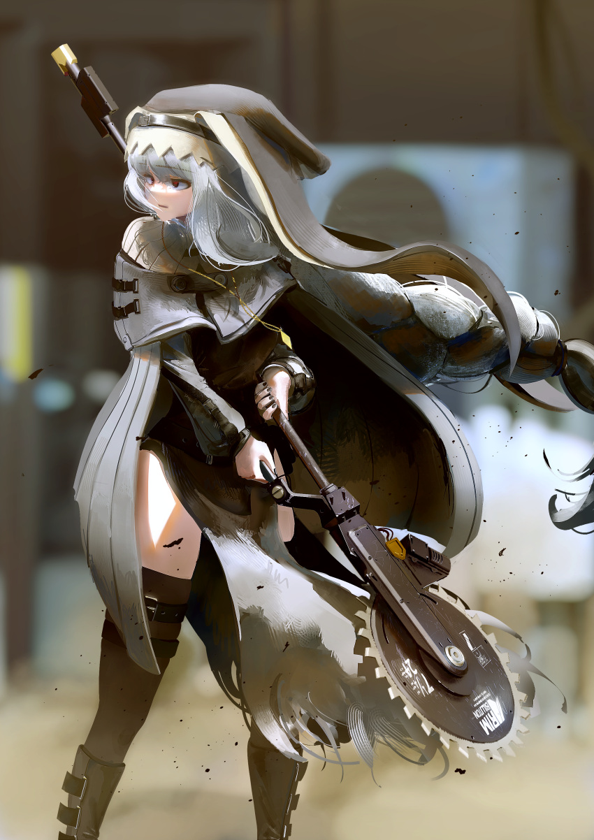 1girl absurdres arknights bangs black_footwear black_nails boots circular_saw commentary_request floating_hair grey_cloak habit highres holding holding_weapon kusami_toka_naku_au long_hair looking_to_the_side nun red_eyes saw silver_hair solo specter_(arknights) thighhighs very_long_hair weapon
