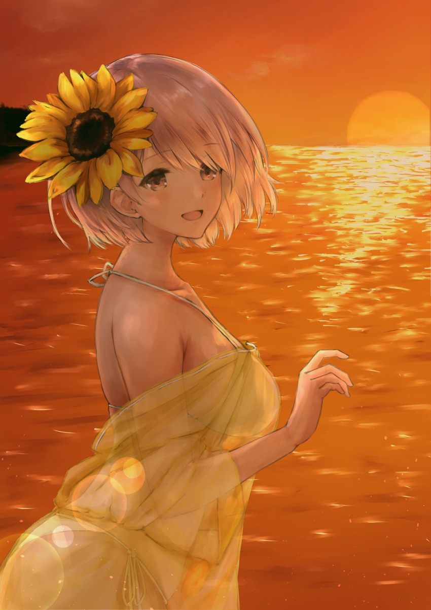 1girl artist_request bare_shoulders bikini blush breasts brown_eyes collarbone commentary_request eyebrows_visible_through_hair fate/grand_order fate_(series) floating_hair flower green_swimsuit hair_between_eyes hair_flower hair_ornament halterneck highres large_breasts light_blush looking_at_viewer mash_kyrielight ocean open_mouth orange_sky outdoors pink_hair see-through short_hair side-tie_bikini sky smile solo string_bikini summer sun sunflower sunflower_hair_ornament sunlight sunset swimsuit water yellow_flower