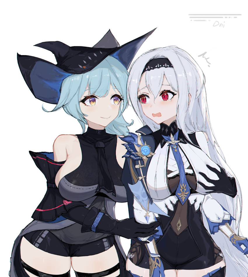 2girls absurdres arknights arm_cuffs ascot bangs black_gloves black_headwear black_neckwear black_pants black_shirt blue_hair blue_neckwear blush bodystocking breasts brown_eyes buttons chinese_commentary clothing_cutout commentary_request cosplay costume_switch cowboy_shot crossover embarrassed eula_lawrence eula_lawrence_(cosplay) eyebrows_visible_through_hair genshin_impact gloves grabbing grabbing_from_behind hair_between_eyes hairband hand_up hat highres holding_another's_arm large_breasts leotard long_hair looking_at_another low-tied_long_hair medium_hair multiple_girls pants ruyouguizhu satou_rina seiyuu_connection shirt sideboob silver_hair simple_background skadi_(arknights) skadi_(arknights)_(cosplay) skindentation sleeveless sleeveless_shirt smile sword thigh_cutout thighhighs thighs v-shaped_eyebrows very_long_hair vision_(genshin_impact) weapon white_background