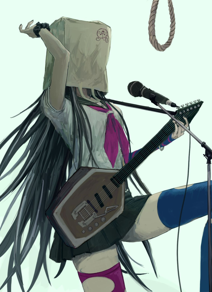 1girl arm_up bag_over_head bangs black_hair black_nails black_skirt blue_legwear character_print commentary_request danganronpa_(series) danganronpa_2:_goodbye_despair electric_guitar guitar highres holding instrument iumi_urura knee_up long_hair microphone mioda_ibuki monomi_(danganronpa) multicolored_hair neckerchief noose piercing pink_hair pleated_skirt rope sailor_collar school_uniform scrunchie serafuku shirt short_sleeves skirt solo spoilers thighhighs torn_clothes torn_legwear very_long_hair white_hair wrist_scrunchie zettai_ryouiki