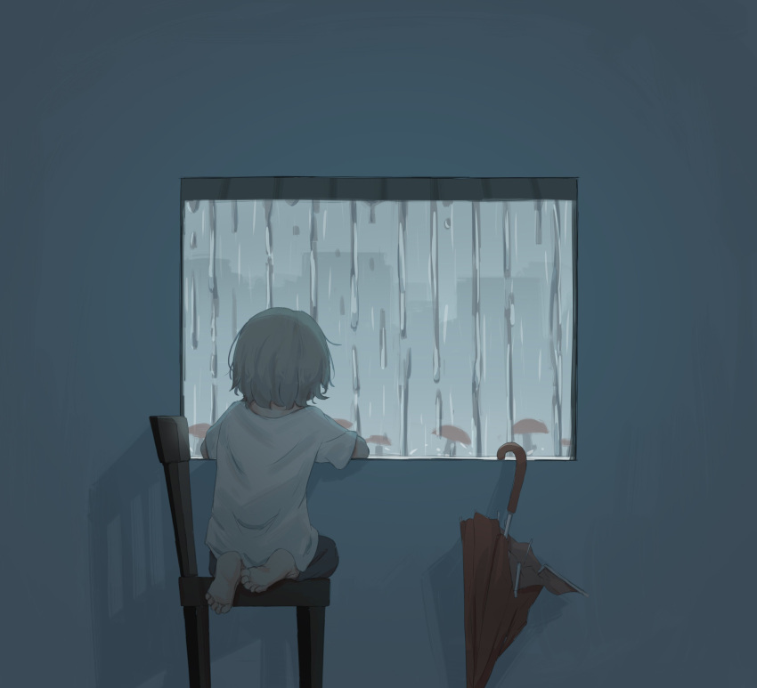 1boy absurdres avogado6 barefoot broken broken_umbrella check_commentary commentary_request from_behind grey_hair highres male_focus medium_hair on_chair original rain seiza shirt sitting soles solo umbrella white_shirt window