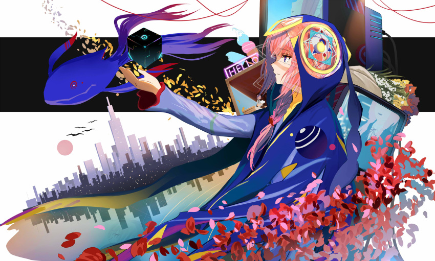 1girl blue_eyes bouquet braid cherry_blossoms cityscape expressionless flower food highres hood hood_up hooded_jacket ice_cream isshiki_(ffmania7) jacket kaf kamitsubaki_studio long_hair long_sleeves monitor moon multicolored multicolored_eyes neon_lights outstretched_arm petals pink_hair profile solo virtual_youtuber