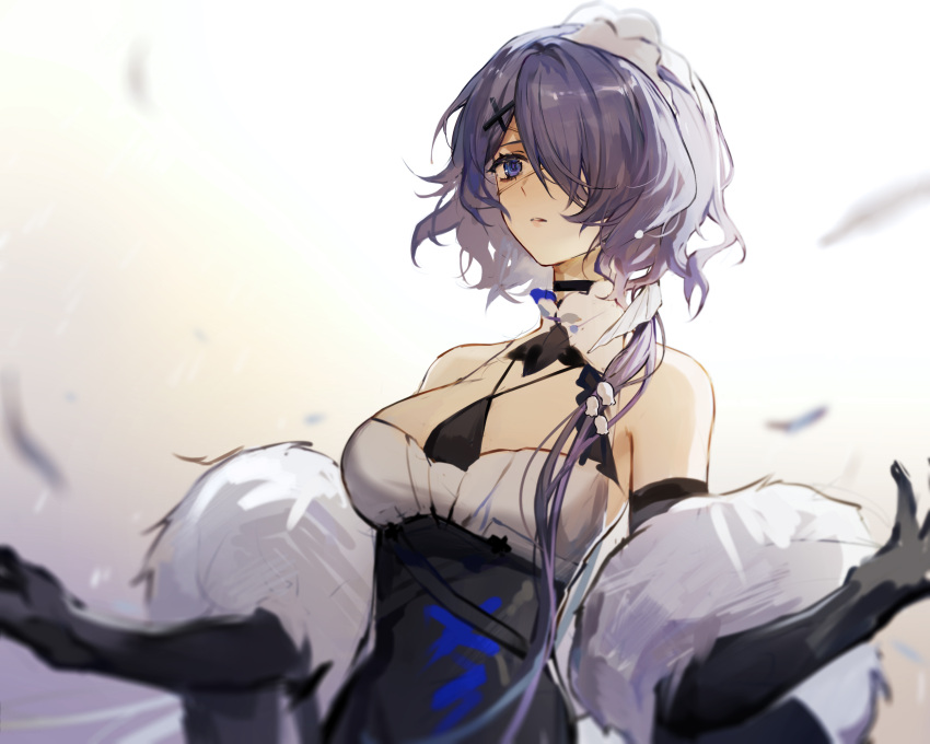 1girl arknights bare_shoulders black_gloves blue_eyes breasts chinese_commentary commentary_request corrupted_exif_data elbow_gloves feather_boa gloves highres long_hair medium_breasts purple_hair qinglai_haiji solo upper_body whisperain_(arknights) whisperain_(tremble_cold)_(arknights)