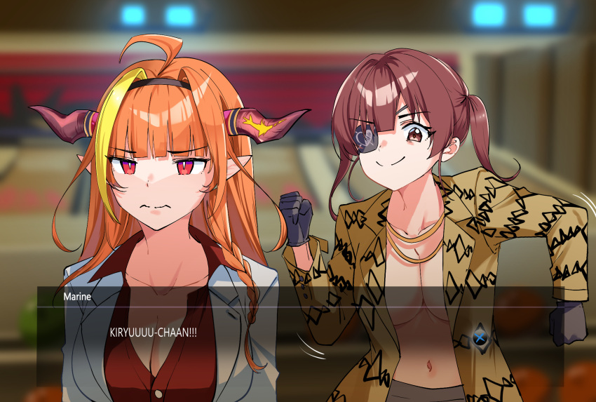 2girls ahoge annoyed bangs black_eyepatch black_gloves blonde_hair blunt_bangs blurry blurry_background braid breasts bright_pupils brown_eyes chain cleavage collarbone collared_shirt cosplay dragon_girl dragon_horns english_commentary eyebrows_visible_through_hair eyepatch frown gloves gold_chain hair_intakes highres hololive horns houshou_marine indoors jacket kiryu_coco kiryuu_kazuma kiryuu_kazuma_(cosplay) large_breasts long_hair majima_gorou majima_gorou_(cosplay) medium_breasts multicolored_hair multiple_girls namesake navel no_bra nonbire one_eye_covered orange_hair red_eyes red_hair red_shirt ryuu_ga_gotoku ryuu_ga_gotoku_1 shirt side_braid single_braid slit_pupils smile streaked_hair twintails virtual_youtuber white_jacket white_pupils
