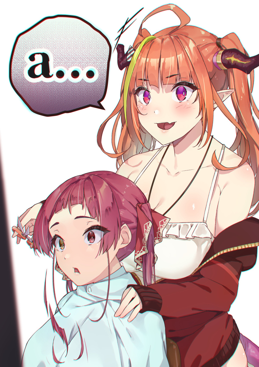 ... 2girls a absurdres ahoge bangs barber_chair blonde_hair blush bow breasts camisole collarbone commentary_request cutting_hair diagonal-striped_bow dragon_girl dragon_horns dragon_tail eyebrows_visible_through_hair eyes_visible_through_hair fang hair_ribbon hand_on_another's_shoulder heterochromia highres holding holding_scissors hololive horn_bow horns houshou_marine jacket kiryu_coco koubou_(cowbow_kun) large_breasts long_hair long_sleeves multicolored multicolored_eyes multicolored_hair multiple_girls off_shoulder official_alternate_costume on_chair open_mouth orange_hair pointy_ears purple_eyes red_eyes red_hair red_jacket red_ribbon ribbon scissors severed_hair simple_background sitting skin_fang sleeves_past_wrists speech_bubble streaked_hair striped striped_bow tail towel twintails virtual_youtuber white_background yellow_eyes