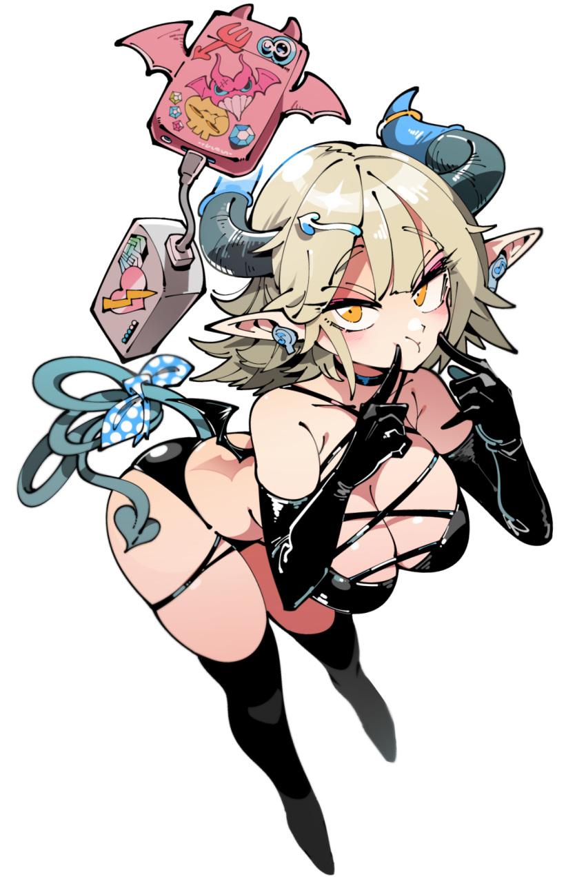 1girl bikini black_bikini black_choker black_gloves black_legwear blue_ribbon breasts cellphone charger charging_device cheek_poking choker cleavage closed_mouth commentary_request commission condom cropped_legs demon demon_horns demon_tail demon_wings ear_piercing elbow_gloves eyebrows_visible_through_hair fingers_to_cheeks glaring gloves hands_up heart highres horns kafun large_breasts leaning_forward light_brown_hair looking_at_viewer medium_hair multi-strapped_bikini orange_eyes original phone piercing pointy_ears poking polka_dot polka_dot_ribbon ribbon simple_background skindentation smartphone solo swimsuit tail tail_ornament tail_ribbon thigh_strap thighhighs v-shaped_eyebrows white_background wings