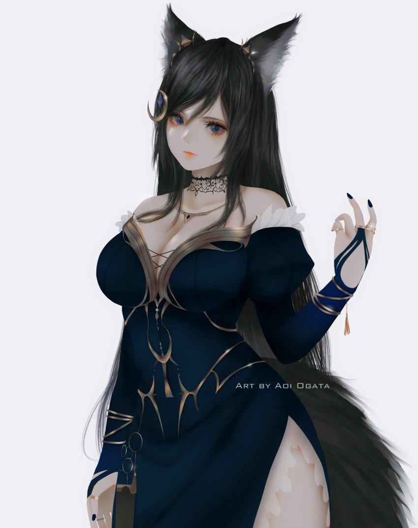 1girl animal_ear_fluff animal_ears aoi_ogata artist_name bare_shoulders black_hair blue_dress blue_nails breasts bridal_gauntlets cat_ears cleavage clip_studio_paint_(medium) closed_mouth commentary commission crescent crescent_hair_ornament dress english_commentary frey_(vtuber) grey_background grey_eyes hair_ornament highres indie_virtual_youtuber juliet_sleeves long_hair long_sleeves looking_at_viewer medium_breasts nail_polish off-shoulder_dress off_shoulder puffy_sleeves red_lips simple_background tail very_long_hair virtual_youtuber