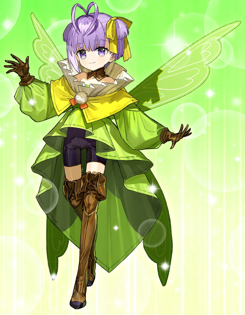 1girl antenna_hair black_shorts boots bow brown_footwear brown_gloves closed_mouth dress eyebrows_visible_through_hair fairy_wings fate/extra fate/extra_ccc fate/extra_ccc_fox_tail fate/grand_order fate_(series) full_body gloves green_background green_dress green_wings hair_bow highres kazuradrop_(fate) light_particles looking_at_viewer official_art pom_pom_(clothes) purple_eyes purple_hair short_hair short_twintails shorts smile solo standing thigh_boots thighhighs twintails very_short_hair wada_arco wings yellow_bow