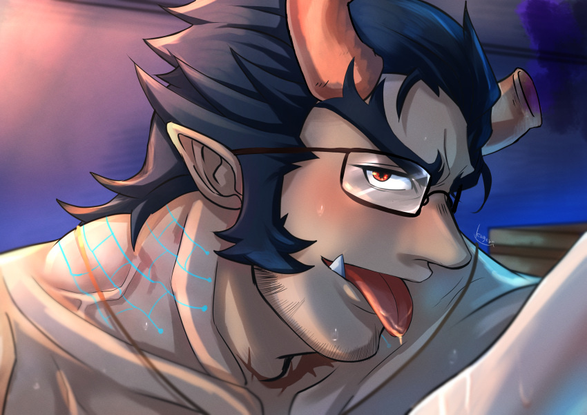 1boy absurdres bara beard broken_horn brown-framed_eyewear close-up collarbone completely_nude dark_blue_hair demon_boy demon_horns face facial_hair fang fiery_horns forked_eyebrows glasses highres horns huge_filesize kageru_(mofnyan) long_sideburns looking_at_viewer male_focus mature_male muscular muscular_male nude point_ears pointy_ears red_eyes saliva sexually_suggestive short_hair sideburns smug solo stubble takemaru_(tokyo_houkago_summoners) thick_eyebrows tokyo_houkago_summoners tongue tongue_out