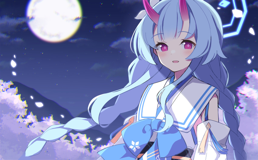 1girl absurdres blue_archive blush braid chise_(blue_archive) commentary_request detached_sleeves full_moon hair_between_eyes halo highres horns japanese_clothes long_hair looking_at_viewer moon night oni_horns open_mouth red_eyes sky solo twin_braids uhouhogorigori