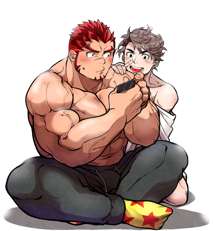 2boys abs akashi_(live_a_hero) alternate_costume bara blush bulge crossed_legs facial_hair goatee gradient_hair grey_pants highres holding holding_phone kizami_nori_to_yamaimo live_a_hero long_sideburns looking_at_another male_focus male_protagonist_(live_a_hero) mature_male multicolored_hair multiple_boys muscular muscular_male navel off_shoulder pants pectorals phone red_eyes red_hair shirtless short_hair sideburns sitting socks stomach thick_eyebrows track_pants yaoi