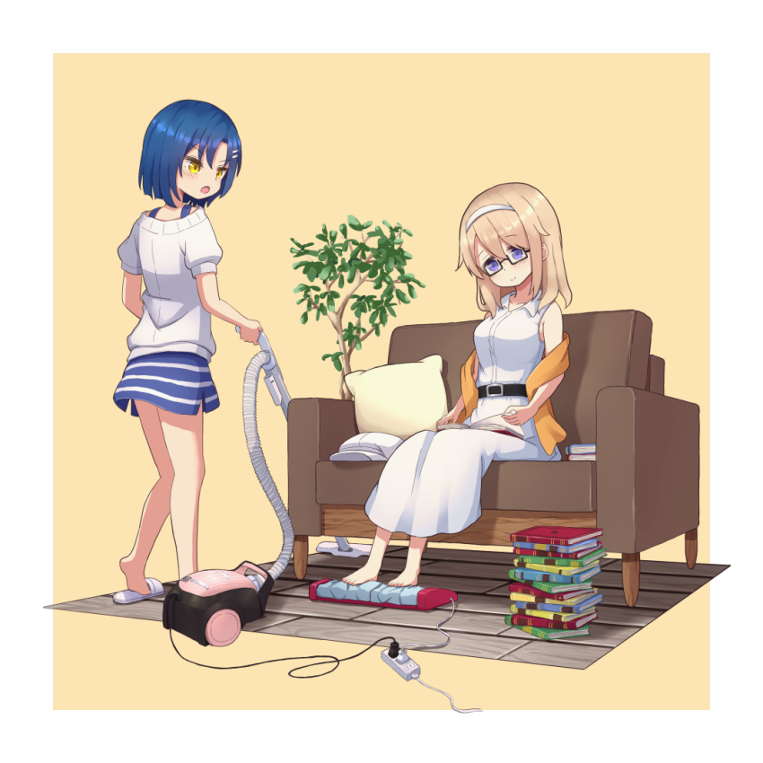 2girls aoyama_blue_mountain barefoot belt black_belt blonde_hair blue_eyes book book_stack closed_mouth collarbone dress extension_cord foot_massage from_behind glasses gochuumon_wa_usagi_desu_ka? hairband horizontal_stripes mate_rin mohei multiple_girls open_mouth purple_eyes reading simple_background sitting skirt slippers striped striped_skirt vacuum_cleaner white_dress yellow_background yellow_eyes