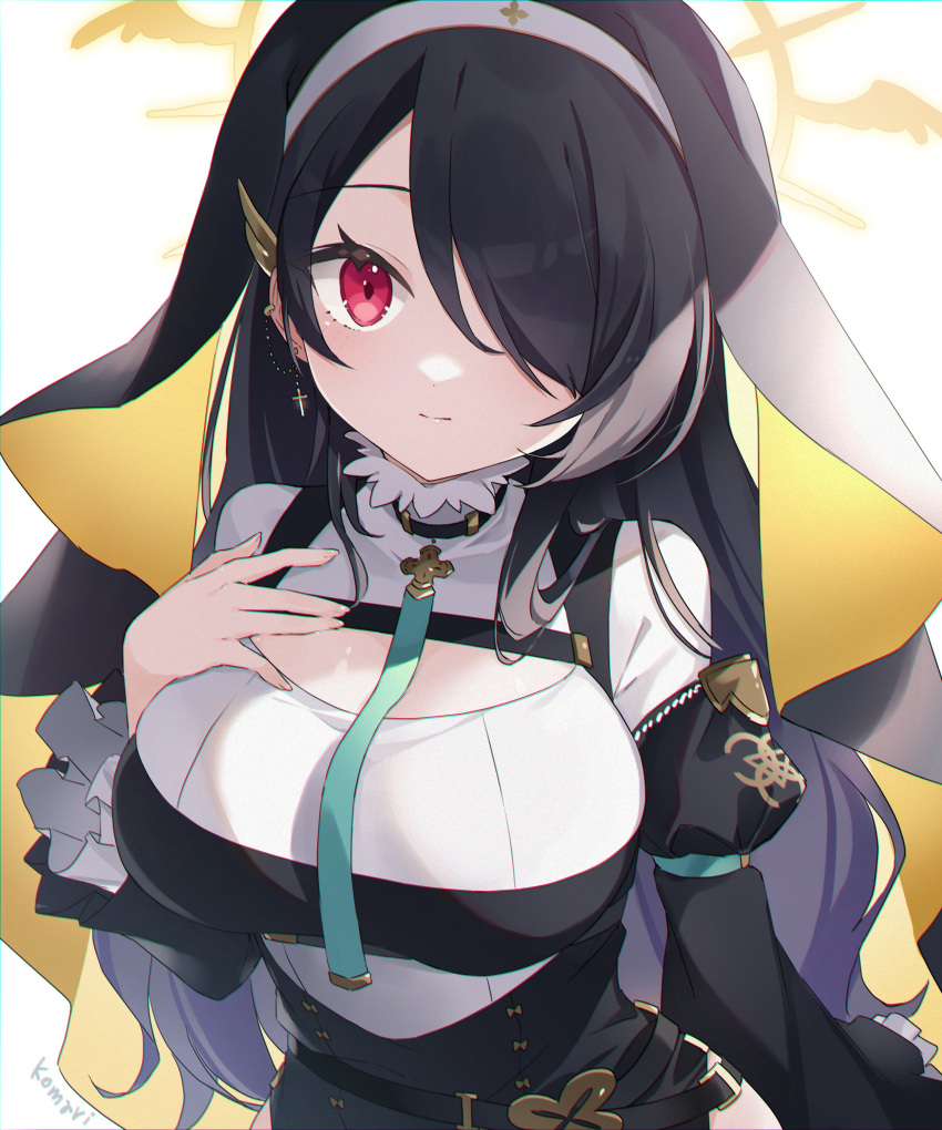 1girl absurdres artist_name between_breasts black_hair blue_archive breasts chromatic_aberration cleavage_cutout clothing_cutout commentary_request earrings hair_over_one_eye halo highres hinata_(blue_archive) jewelry large_breasts long_hair looking_at_viewer nun poncho_(31103105) red_eyes simple_background solo white_background