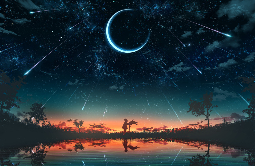 1other abisswalker8 cloud commentary crescent_moon gradient_sky grass highres looking_afar moon multicolored multicolored_sky night night_sky orange_sky original outdoors reflection scenery shooting_star sky star_(sky) starry_moon starry_sky sunset tree tree_shade water