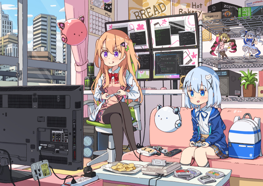 2girls alternate_hairstyle amazon_(company) amd black_legwear blue_eyes bomberman calendar_(object) chair controller curtains day food game_console gochuumon_wa_usagi_desu_ka? hoto_cocoa indoors kafuu_chino keyboard_(computer) light_blue_hair mohei monitor mouse_(computer) multiple_girls nintendo nvidia office_chair plant playing_games purple_eyes remote_control sitting skirt super_nintendo television thighhighs tongue tongue_out window