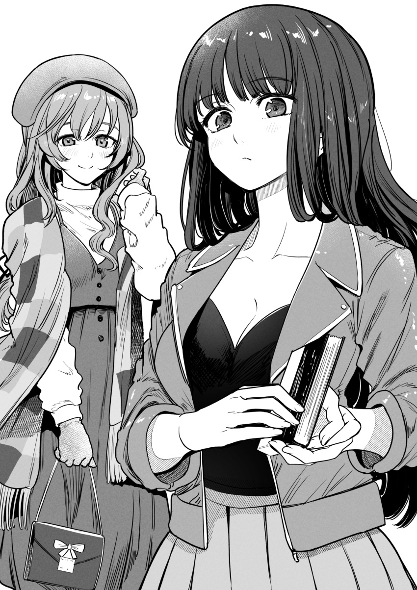 2girls bag bangs beret blunt_bangs bonkara_(sokuseki_maou) book casual closed_mouth commentary dress eyebrows_visible_through_hair fringe_trim girls_und_panzer greyscale hand_in_hair handbag hat highres holding holding_book jacket light_frown long_dress long_hair long_sleeves looking_at_viewer mature_female monochrome multiple_girls nishizumi_shiho pleated_skirt shawl shimada_chiyo shirt skirt smile standing straight_hair turtleneck wavy_hair