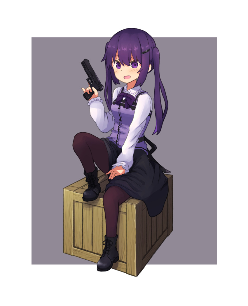 1girl :d black_footwear black_skirt collared_shirt crate full_body gochuumon_wa_usagi_desu_ka? grey_background gun highres holding holding_gun holding_weapon long_sleeves looking_at_viewer mohei open_mouth pantyhose purple_eyes purple_hair purple_vest rabbit_house_uniform shirt shoes simple_background sitting skirt smile solo tedeza_rize vest weapon white_shirt