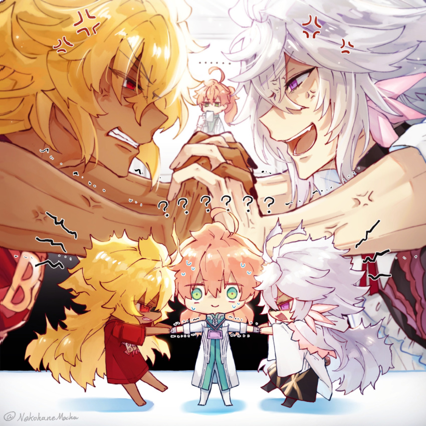 ... 3boys ? ?? ahoge anger_vein angry bangs black_nails black_pants blonde_hair buster_shirt chibi clenched_teeth closed_mouth coat commentary cup dark-skinned_male dark_skin drinking eyebrows_visible_through_hair fate/grand_order fate_(series) fighting flower full_body gloves goetia_(fate) green_eyes green_pants green_shirt hair_flower hair_ornament highres holding holding_cup indoors interlocked_fingers labcoat lindanyunyu long_hair looking_at_viewer medical_scrubs merlin_(fate) multiple_boys nail_polish open_mouth orange_hair pants pink_flower pulling purple_eyes red_eyes red_shirt robe romani_archaman shirt short_sleeves sidelocks simple_background sweat sweating_profusely teeth trembling unamused upper_body upper_teeth white_background white_coat white_gloves white_hair white_robe