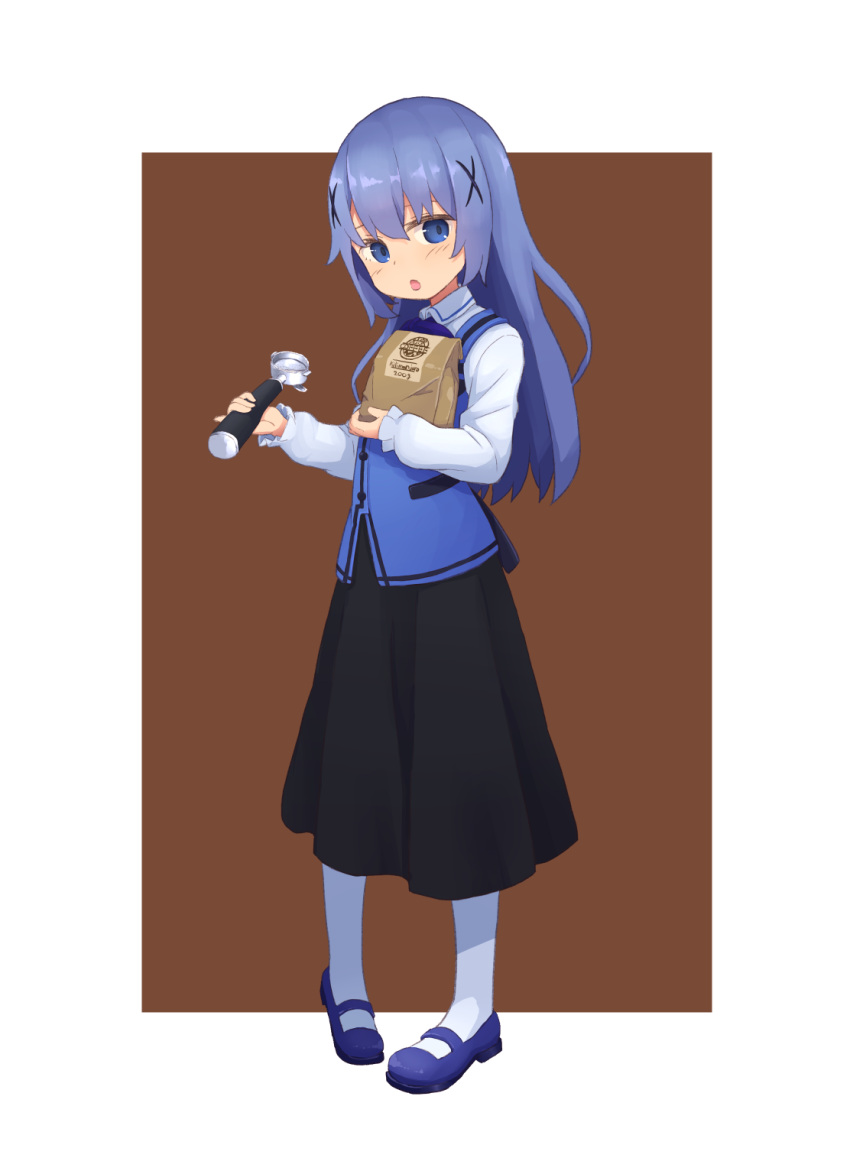 1girl bag black_skirt blue_eyes blue_footwear blue_hair blue_vest brown_background collared_shirt full_body gochuumon_wa_usagi_desu_ka? highres holding kafuu_chino loafers long_sleeves looking_at_viewer mohei open_mouth paper_bag rabbit_house_uniform shirt shoes simple_background skirt solo standing vest white_legwear white_shirt