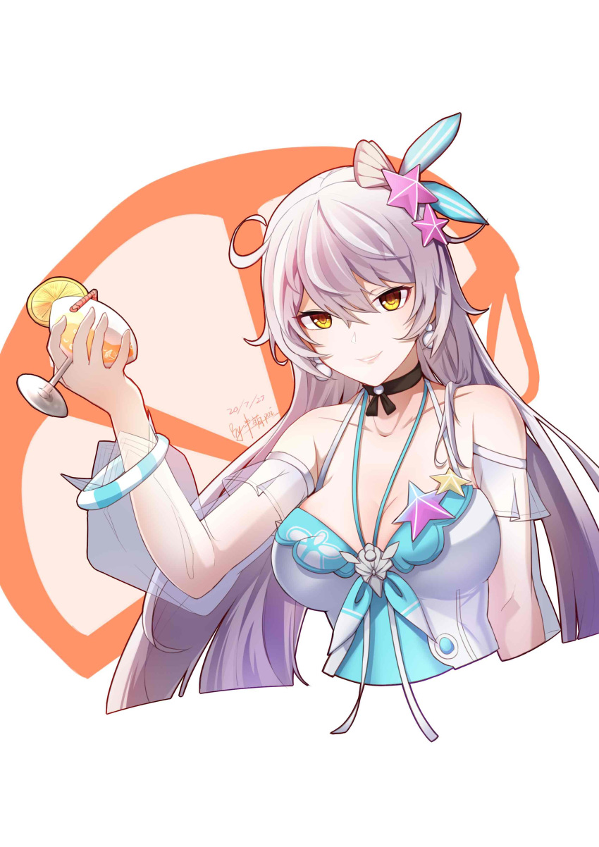 1girl absurdres antenna_hair bare_shoulders blue_eyes breasts cleavage closed_mouth commentary_request cup dress drink drinking_glass drinking_straw food fruit hair_between_eyes halfmoe highres holding holding_cup honkai_(series) honkai_impact_3rd kiana_kaslana kiana_kaslana_(herrscher_of_the_void) long_hair looking_at_viewer orange_(food) seashell see-through_sleeves shell simple_background smile solo starfish starfish_hair_ornament sundress white_background white_hair wine_glass yellow_eyes