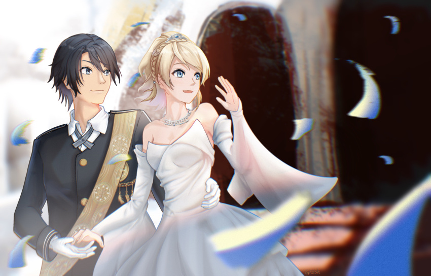 1boy 1girl 5casiosi black_hair blonde_hair couple dress final_fantasy final_fantasy_xv gloves good_end highres lunafreya_nox_fleuret noctis_lucis_caelum open_mouth petals smile stairs upper_body waving wedding wedding_dress white_gloves