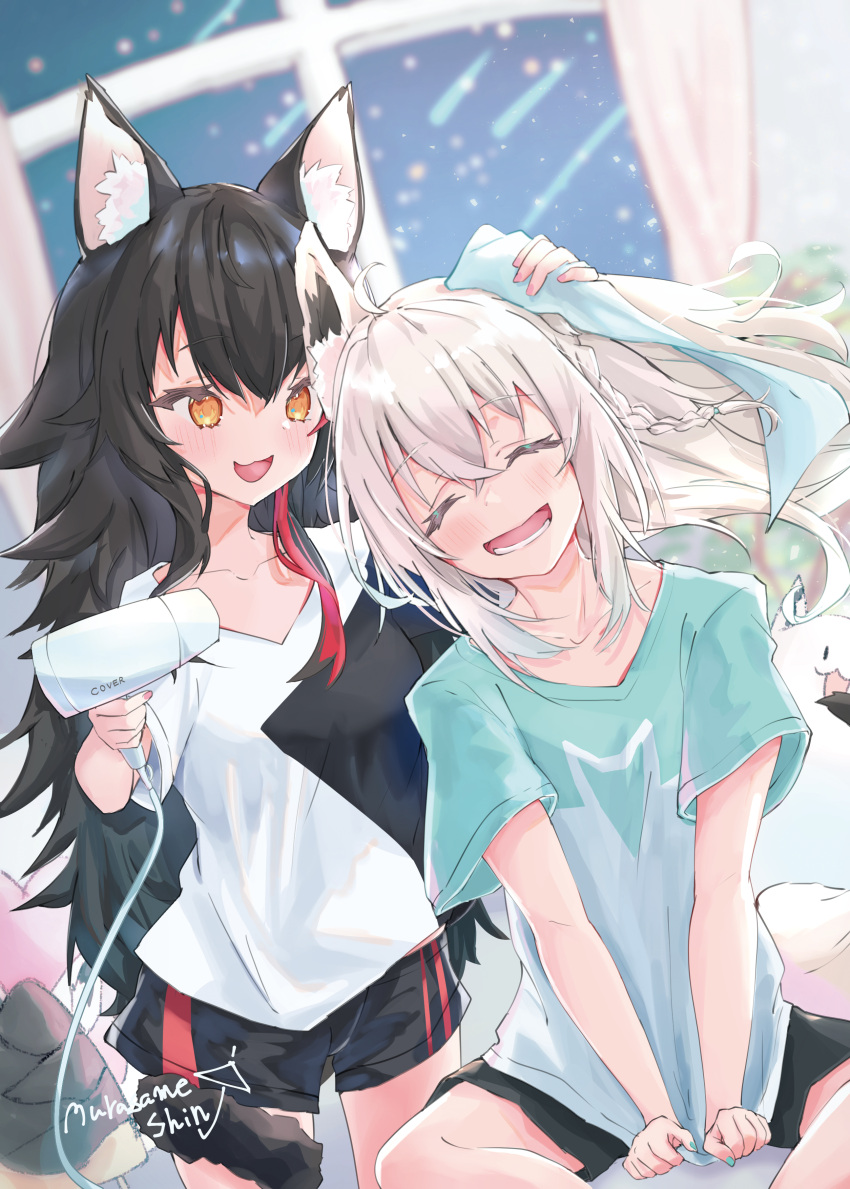2girls :d absurdres ahoge animal_ear_fluff animal_ears arm_up bangs black_hair black_shorts blue_nails blue_shirt blurry blurry_background blush braid closed_eyes commentary_request drying drying_hair eyebrows_visible_through_hair facing_viewer fox_ears fox_girl fox_tail hair_between_eyes hair_dryer hand_on_another's_head hand_up highres holding holding_hair_dryer holding_towel hololive indoors looking_at_another lower_teeth multicolored_hair multiple_girls nail_polish ookami_mio open_mouth orange_eyes red_hair red_nails shin_murasame shirakami_fubuki shirt short_shorts short_sleeves shorts sitting smile standing streaked_hair tail tail_around_leg towel virtual_youtuber white_hair white_shirt window wolf_ears wolf_girl wolf_tail