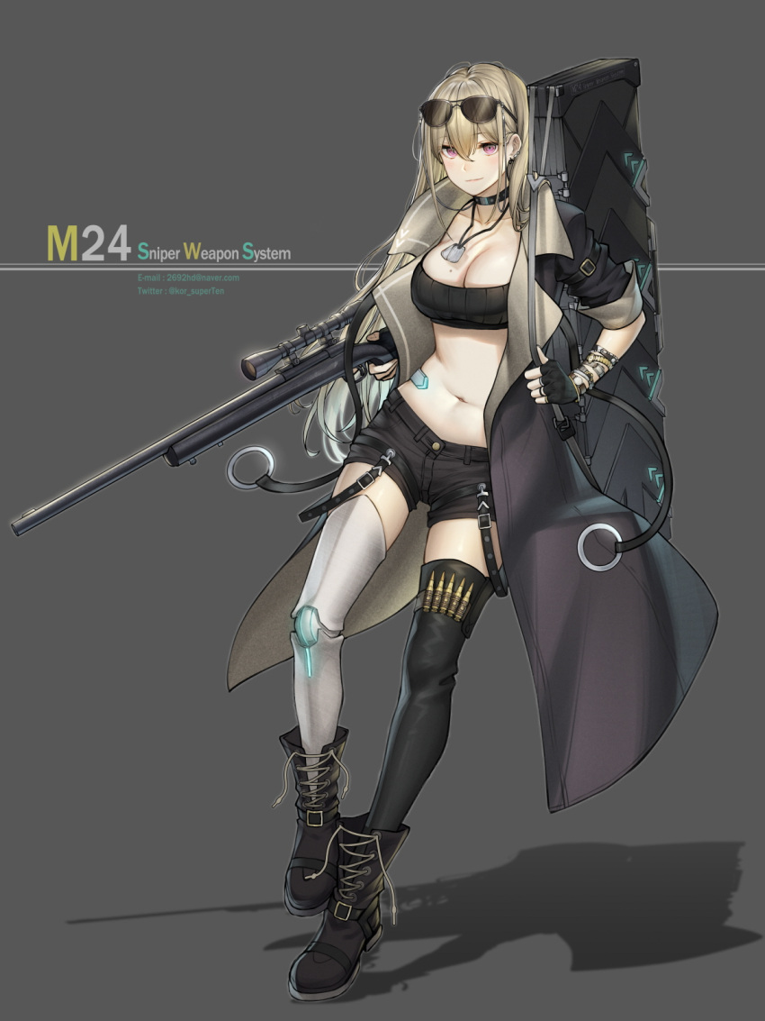 1girl black_background black_choker black_footwear black_gloves black_legwear black_shorts black_tank_top blonde_hair blush bolt_action boots breasts brown_cloak brown_coat cartridge character_name choker cleavage cloak closed_mouth coat collarbone email_address eye_piercing eyebrows_visible_through_hair eyewear_on_head fingerless_gloves girls'_frontline gloves gun highres holding holding_weapon jewelry long_hair looking_at_viewer m24-sws_(girls'_frontline)_(ten_cws) mechanical_legs medium_breasts mole mole_on_breast multicolored multicolored_clothes multicolored_legwear navel necklace original purple_eyes remington_model_700 rifle shorts single_mechanical_leg sniper_rifle solo standing tank_top ten_cws twitter_username watch weapon weapon_case white_legwear