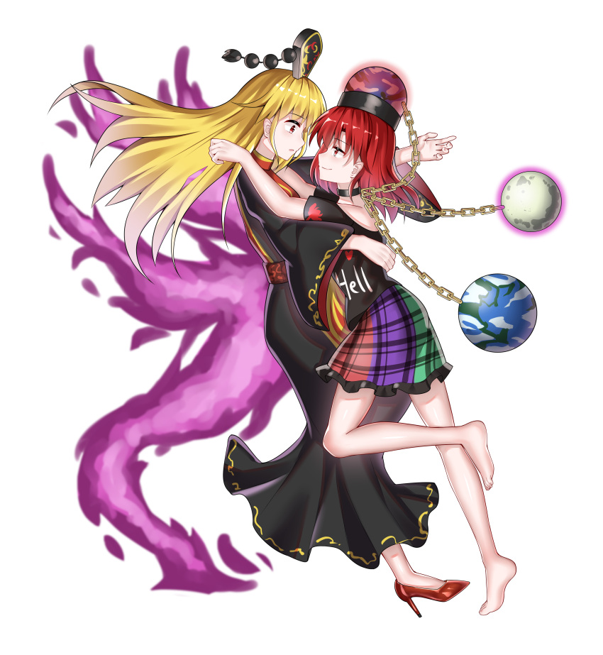 2girls absurdres ailu_elf bangs black_dress black_shirt blonde_hair chain chinese_clothes chinese_commentary commentary_request dress earth_(ornament) energy eye_contact face-to-face fox_tail gold_chain hecatia_lapislazuli highres hug junko_(touhou) long_hair looking_at_another medium_hair miko_embrace moon_(ornament) multicolored multicolored_clothes multicolored_skirt multiple_girls multiple_tails off-shoulder_shirt off_shoulder parody plaid plaid_skirt polos_crown red_eyes red_hair shirt skirt t-shirt tabard tail touhou yuri