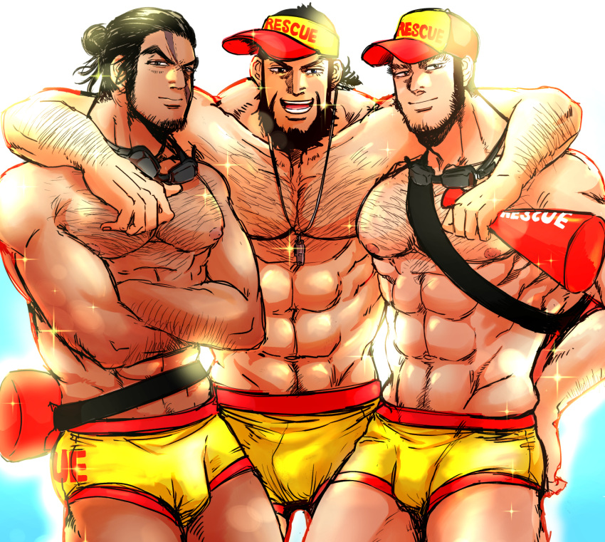 3boys abs arm_around_shoulder bara bare_pectorals beard black_hair boy_sandwich bulge chest_hair crossed_arms facial_hair golden_kamuy hairy hat highres kiroranke large_pectorals lifebuoy long_sideburns looking_at_viewer male_focus male_underwear manly mature_male multiple_boys muscular muscular_male nipples pectorals rikimatsu_ariko sandwiched scar scar_on_face shaved_head sideburns smile sparkle stubble swimsuit tanigaki_genjirou thick_eyebrows thighs underwear zazuzamushi