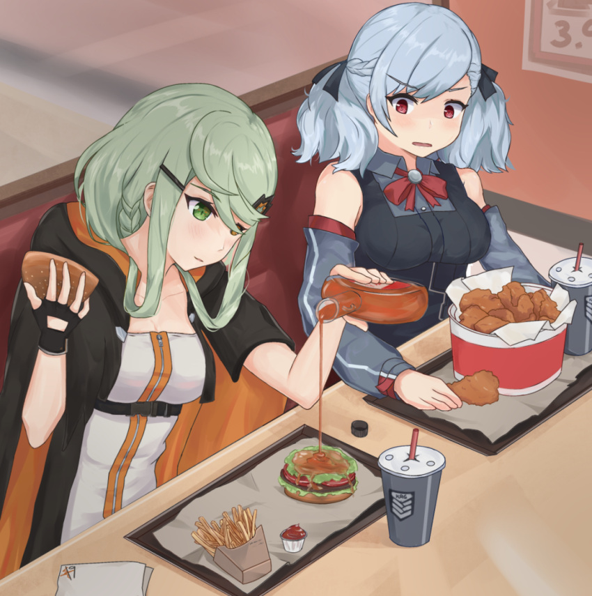 2girls blue_hair breasts bucket burger cup disgust disposable_cup drinking_straw eyepatch fast_food fingerless_gloves food french_fries fried_chicken girls'_frontline gloves green_eyes green_hair harlequin-wheels leaf maple_leaf maple_syrup multiple_girls pouring red_eyes restaurant sauce spas-12_(girls'_frontline) tac-50_(girls'_frontline)