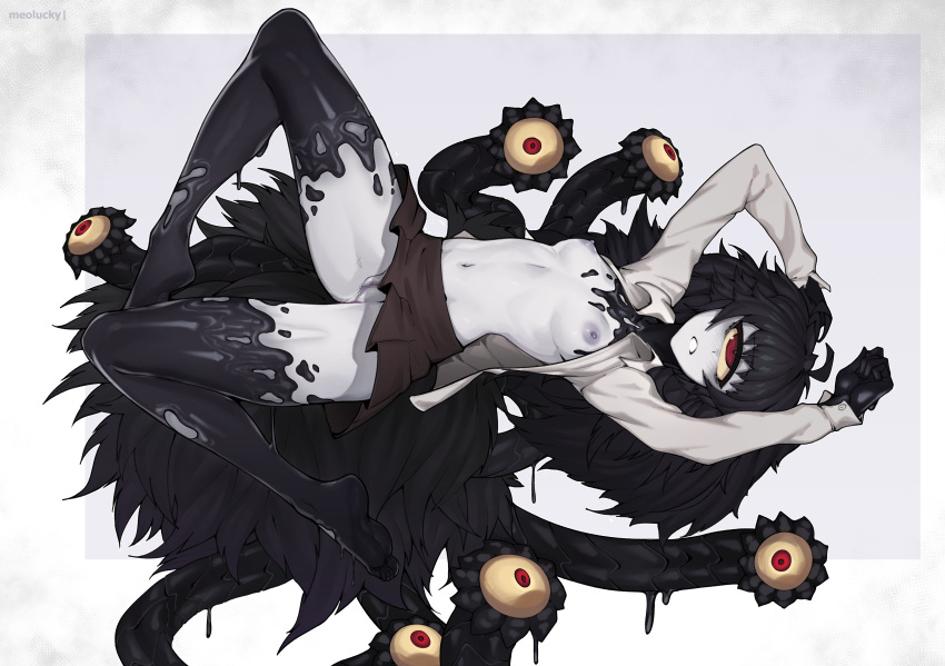1girl absurdres arms_up artist_name black_hair breasts brown_skirt censored clothes_lift colored_sclera colored_skin commentary commission cyclops dress_shirt extra_eyes full_body gazer_(monster_girl_encyclopedia) grey_background grey_skin highres long_hair looking_at_viewer monster_girl monster_girl_encyclopedia mosaic_censoring navel nipples no_bra no_panties one-eyed open_clothes open_shirt ovosh147 parted_lips pleated_skirt pussy red_eyes shirt simple_background skirt skirt_lift small_breasts solo tail tentacles white_shirt yellow_sclera