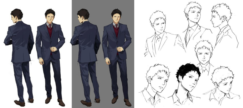 1boy blue_jacket blue_pants blue_suit character_sheet collared_shirt formal from_behind grey_shirt gundam gundam_hathaway's_flash hathaway_noa jacket looking_ahead looking_at_viewer looking_to_the_side male_focus multiple_views necktie official_art pablo_uchida pants production_art red_neckwear red_vest shirt sketch suit vest