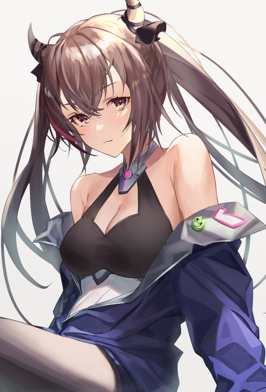 1girl absurdres azur_lane bangs bare_shoulders black_hair black_legwear black_ribbon breasts cleavage cleavage_cutout closed_mouth clothing_cutout collarbone eyebrows_visible_through_hair gradient_hair highres horn_ornament horn_ribbon horns jacket kabi_(zcwd8845) long_sleeves looking_at_viewer medium_breasts multicolored_hair open_clothes open_jacket pantyhose purple_eyes purple_jacket ribbon san_francisco_(azur_lane) sitting sketch smile solo twintails underbust