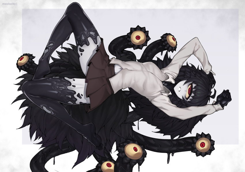 1girl absurdres arms_up artist_name black_hair breasts brown_skirt colored_sclera colored_skin commentary commission cyclops dress_shirt extra_eyes full_body gazer_(monster_girl_encyclopedia) grey_background grey_skin highres long_hair looking_at_viewer monster_girl monster_girl_encyclopedia navel one-eyed ovosh147 parted_lips pleated_skirt red_eyes shirt simple_background skirt small_breasts solo tail tentacles white_shirt yellow_sclera