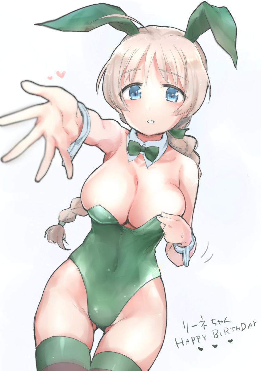 1girl absurdres animal_ears aohashi_ame blue_eyes braid breasts brown_hair bunny_ears cleavage covered_navel detached_collar fake_animal_ears green_leotard highleg highleg_leotard highres large_breasts leotard long_hair looking_at_viewer lynette_bishop multicolored multicolored_clothes multicolored_legwear playboy_bunny shiny shiny_hair shiny_skin simple_background single_braid solo strapless strapless_leotard strike_witches striped striped_legwear white_background world_witches_series