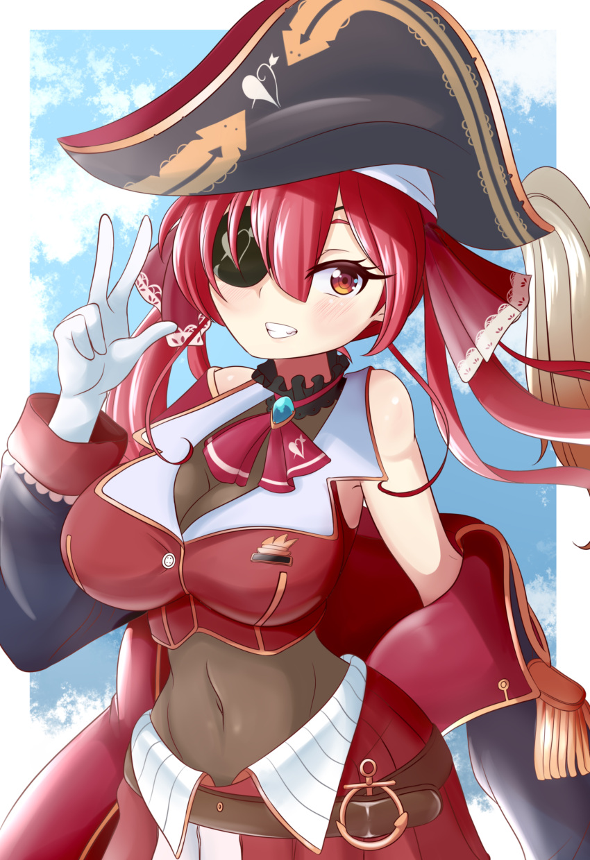 1girl absurdres blush bodystocking breasts cleavage covered_navel crop_top eyepatch gloves grin hat highres hololive houshou_marine large_breasts lips long_hair looking_at_viewer parted_lips pirate_hat red_eyes red_skirt skirt smile solo teeth twintails v virtual_youtuber white_gloves zanatemx