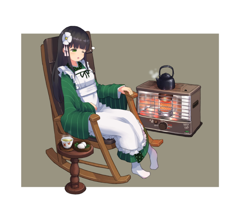 1girl ama_usa_an_uniform brown_background brown_hair chair flower food full_body gochuumon_wa_usagi_desu_ka? green_eyes green_tea hair_flower hair_ornament heater kettle long_sleeves mohei one_eye_closed rocking_chair simple_background sitting solo table tea ujimatsu_chiya white_legwear