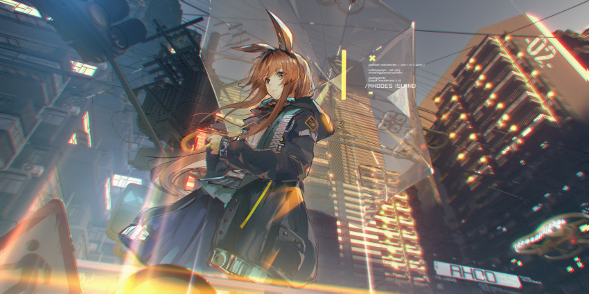 1girl amiya_(arknights) animal_ears apartment arknights bangs blue_eyes blue_skirt brown_hair building_block chromatic_aberration clothes_writing commentary_request drone english_text eyebrows_visible_through_hair eyes_visible_through_hair floating_hair from_below highres holding holding_umbrella hood hood_down hooded_coat lens_flare lens_flare_abuse light_smile long_hair long_sleeves openvl outdoors pleated_skirt power_lines road_sign sidelocks sign skirt solo standing sunset traffic_light transparent transparent_umbrella umbrella utility_pole