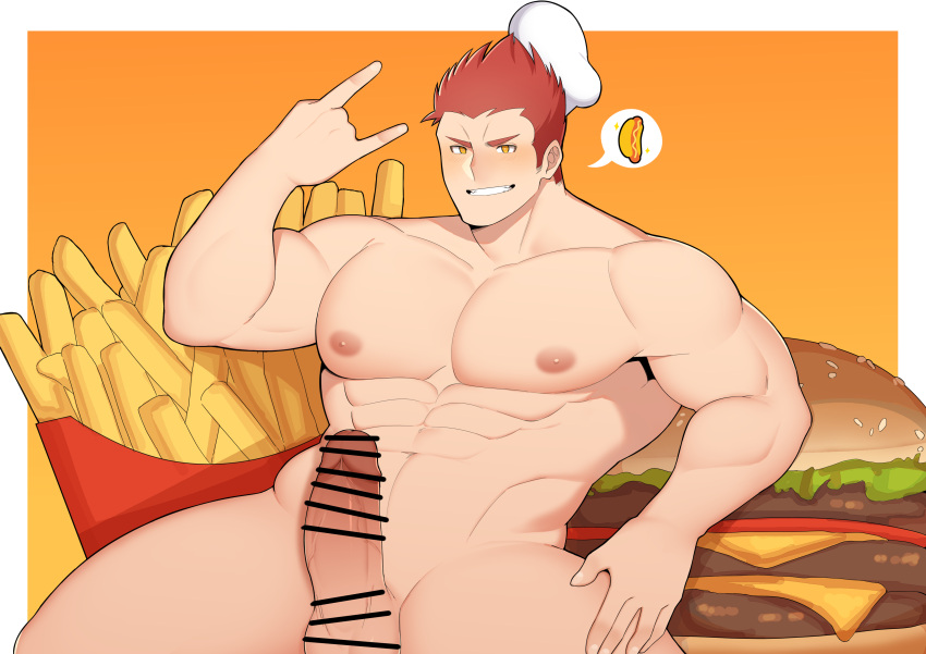 1boy abs absurdres bar_censor bara blush burger censored clayten completely_nude erection food french_fries highres hot_dog jollibee jollibee_(mascot) large_pectorals looking_at_viewer male_cleavage male_focus muscular muscular_male navel nipple_slip nipples nude oversized_food pectorals penis red_hair short_hair sideburns sidepec smile solo spiked_hair spread_legs stomach thick_thighs thighs veins veiny_penis