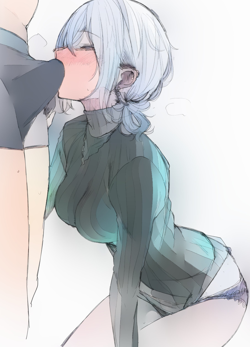 1girl absurdres akagi_asahito black_panties blush boxers breasts character_request closed_eyes commentary_request ear fellatio highres large_breasts oral panties penis_under_clothes ponytail ribbed_sweater short_hair silver_hair sketch sweater turtleneck turtleneck_sweater underwear