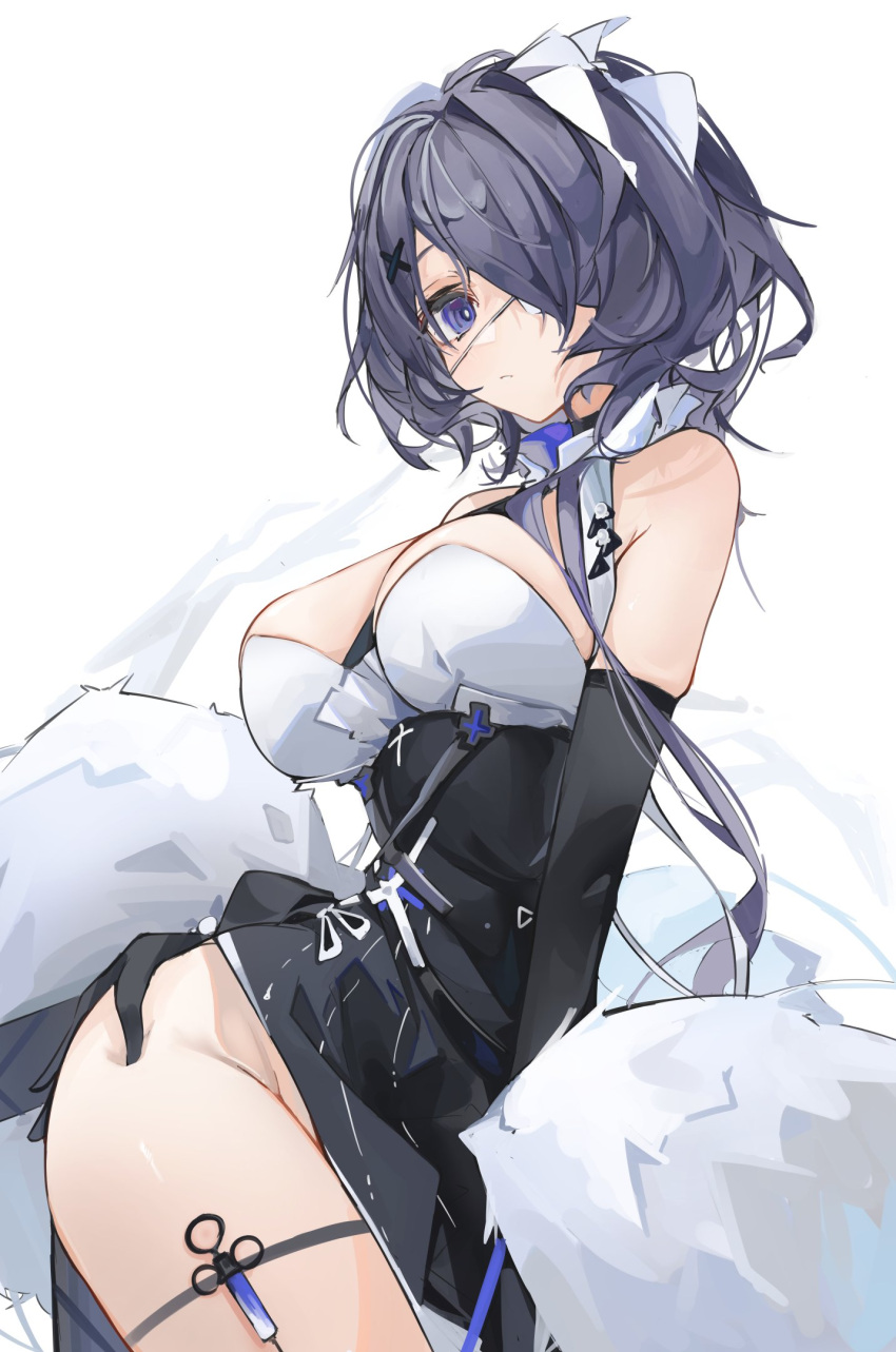 1girl arknights black_dress black_gloves black_sleeves bow breasts collar deep_skin detached_sleeves dress elbow_gloves eyepatch gloves groin hair_bow hair_ornament hair_over_one_eye highres large_breasts looking_at_viewer medical_eyepatch mikojin no_panties official_alternate_costume purple_eyes purple_hair short_hair solo syringe thigh_strap twisted_torso whisperain_(arknights) whisperain_(tremble_cold)_(arknights) white_background white_bow white_collar x_hair_ornament