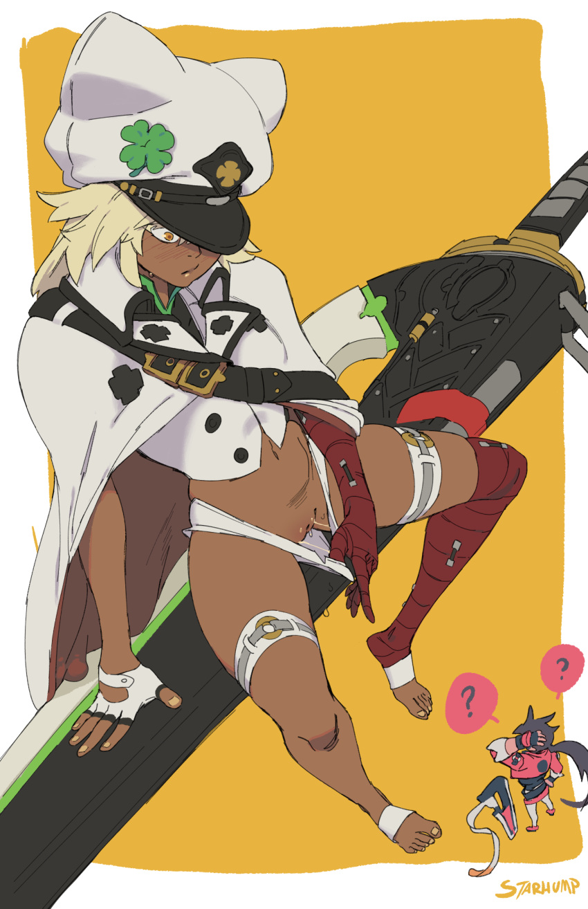 1boy 1girl ? bandaged_arm bandaged_leg bandages blonde_hair blush border cape chibi chibi_inset clothes_pull clover dark-skinned_female dark_skin fingerless_gloves fingernails floating floating_object floating_sword floating_weapon four-leaf_clover from_above gloves guilty_gear guilty_gear_strive highres huge_weapon looking_at_another medium_hair no_panties nose_blush orange_eyes outside_border pussy pussy_juice ramlethal_valentine short_shorts shorts shorts_pull sol_badguy solo_focus spoken_question_mark starhump sword thigh_strap uncensored weapon white_border white_cape yellow_background